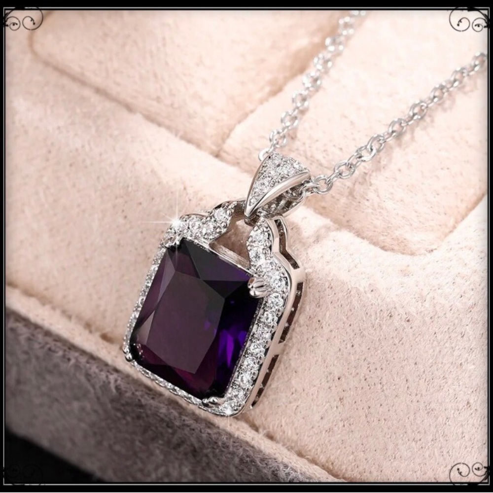 Clearance! NEW PURPLE AMETHYST SIMULATED DIAMOND PAVE NECKLACE - Picture 4 of 5